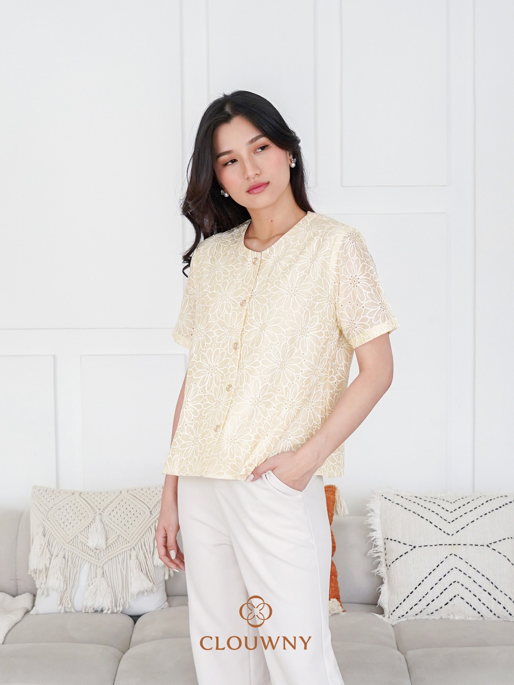 Forest Button Embroidery Blouse - Yellow